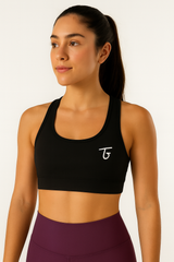 “Modelo femenina usando top deportivo negro con diseño racerback, mostrando la parte trasera y la cobertura del busto.”